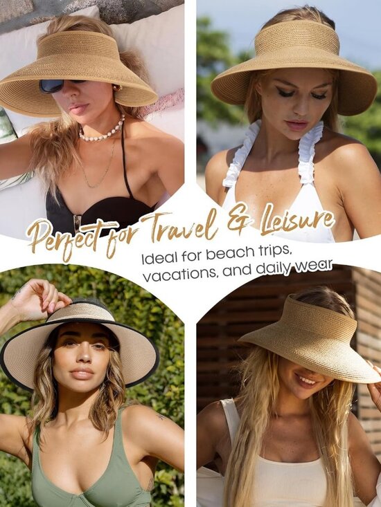 Wide Brim Ponytail Straw Visor Hat | UV Protection, Adjustable, Foldable Beach main image 8